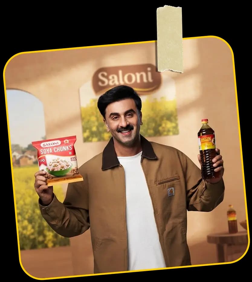 Ranbir Kapoor holding Saloni Soya Chunks and Mustard Oil