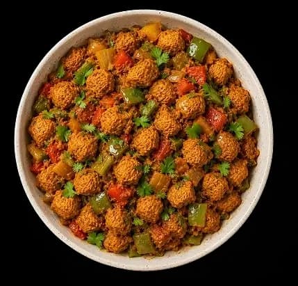 Bowl of cooked Saloni Soya Chunks